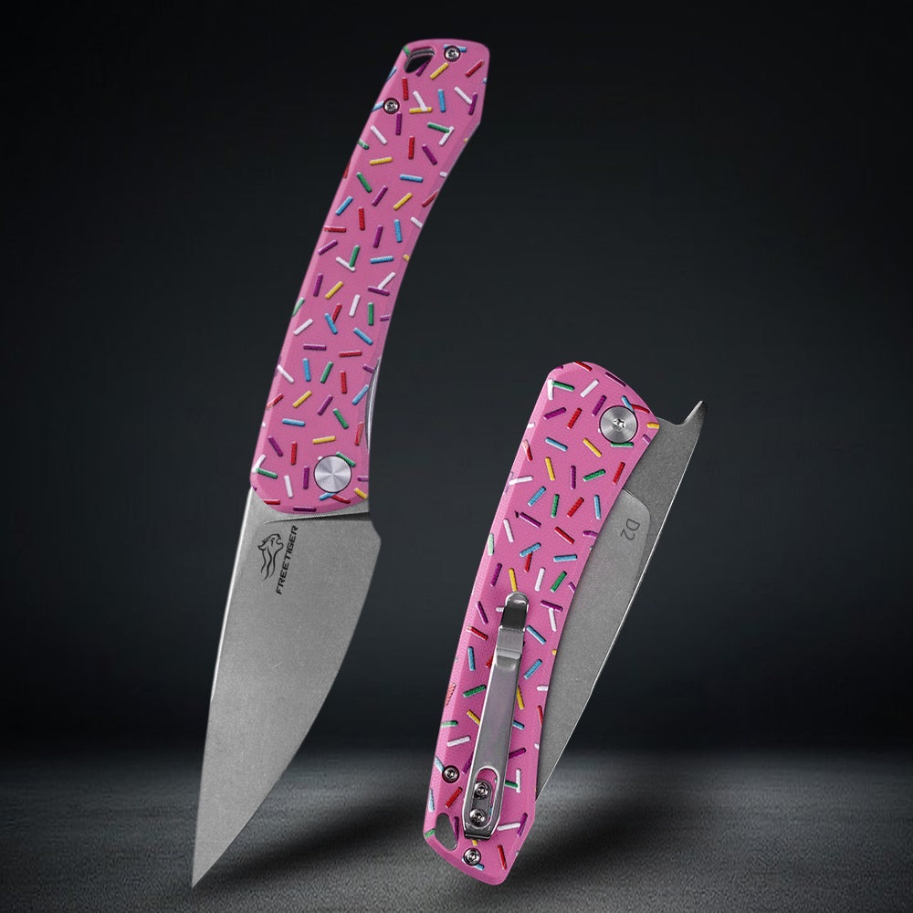 FREETIGER Donut Folding Knife D2 Blade, Unique Design Pocket Knife for Hunting Survival Camping