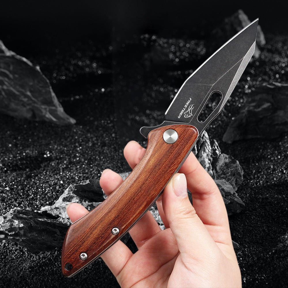 FREETIGER Wood Handle Folding Knife D2 Steel Blade with Rosewood Handle (Stonewash Finish)