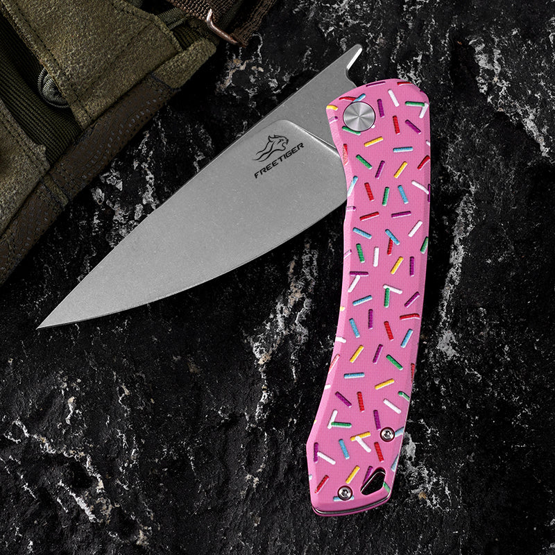 FREETIGER Donut Folding Knife D2 Blade, Unique Design Pocket Knife for Hunting Survival Camping