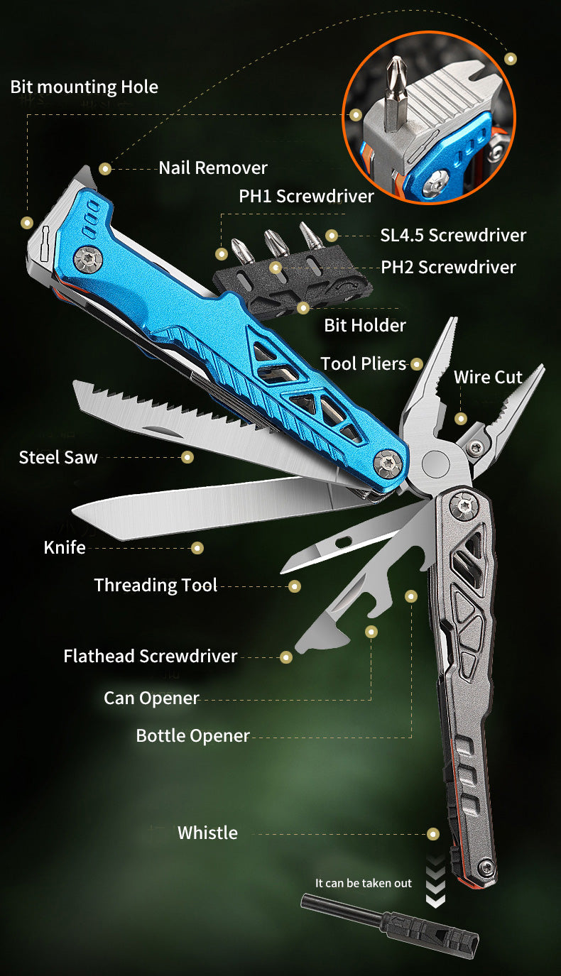 Multi-functional Folding Pliers – Stainless Steel & Aluminum Alloy Survival Tool with Screwdrivers, Wire Cutters, Knife, Can Opener, Bottle Opener,Whistle
