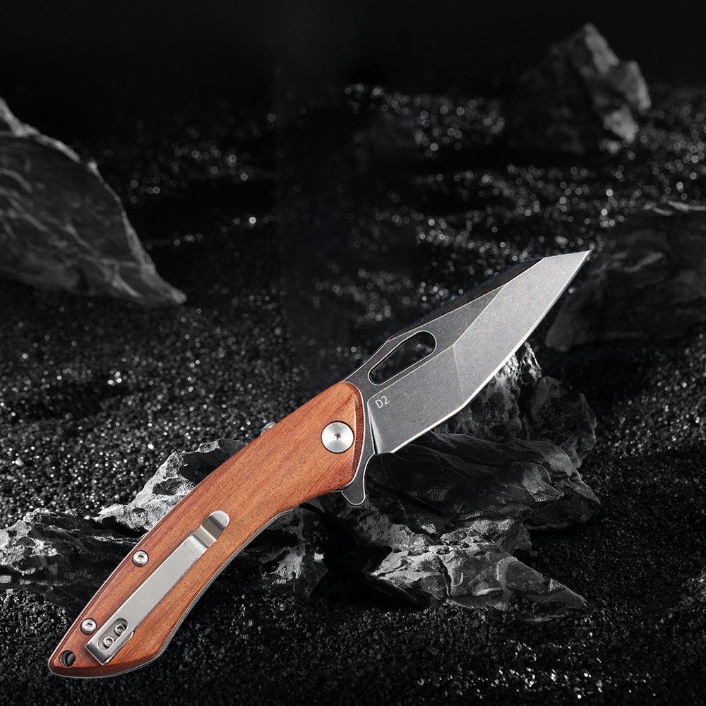 FREETIGER Wood Handle Folding Knife D2 Steel Blade with Rosewood Handle (Stonewash Finish)