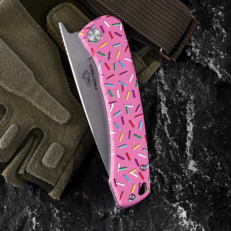 FREETIGER Donut Folding Knife D2 Blade, Unique Design Pocket Knife for Hunting Survival Camping