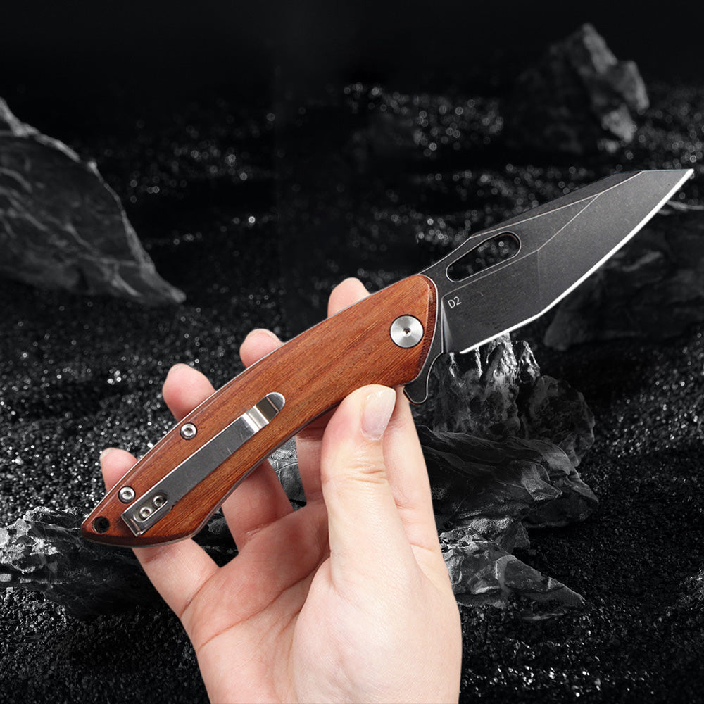 FREETIGER Wood Handle Folding Knife D2 Steel Blade with Rosewood Handle (Stonewash Finish)