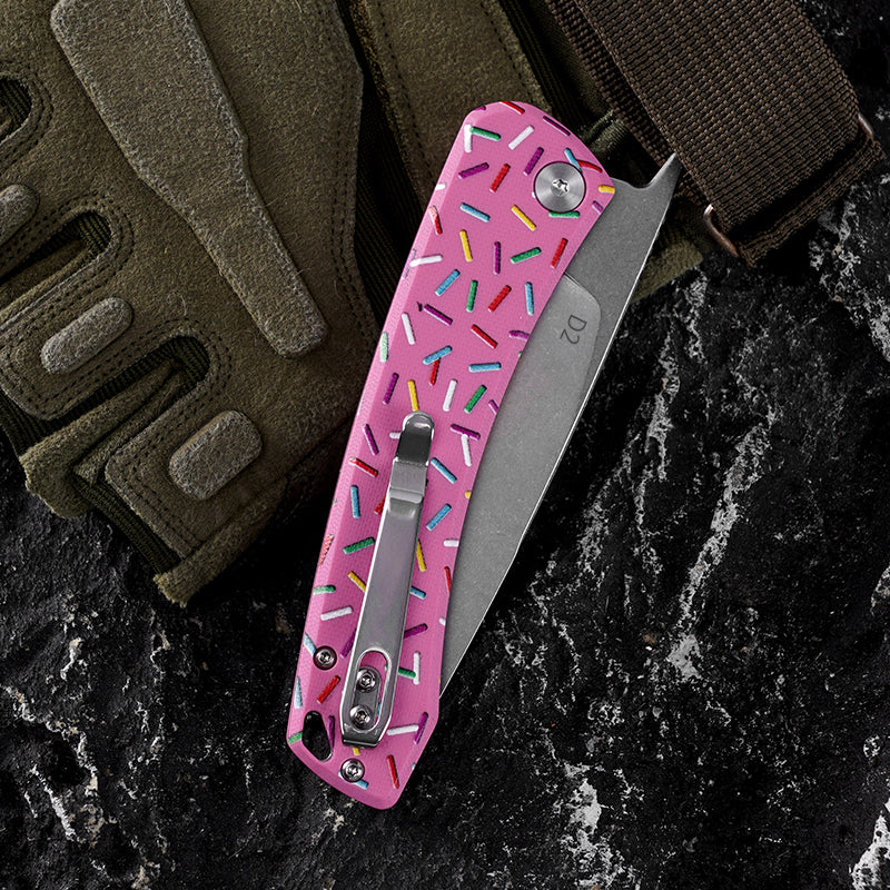 FREETIGER Donut Folding Knife D2 Blade, Unique Design Pocket Knife for Hunting Survival Camping