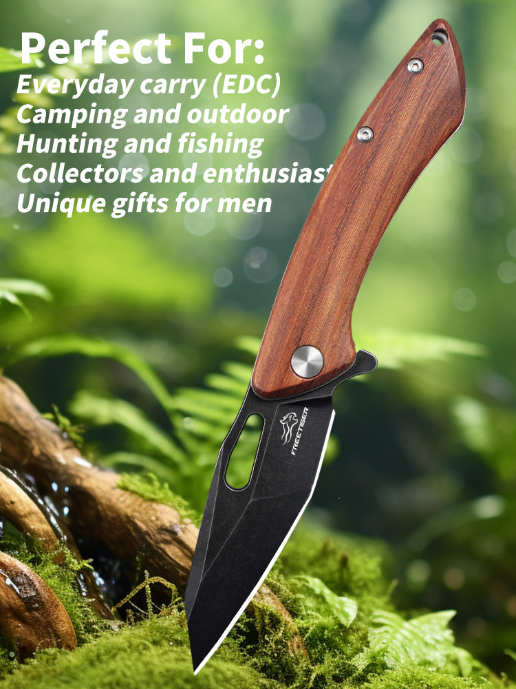 FREETIGER Wood Handle Folding Knife D2 Steel Blade with Rosewood Handle (Stonewash Finish)