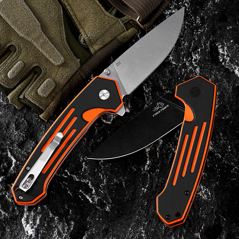 FREETIGER EDC Folding Knife D2 Steel Orange EDC Gadgets for Hunting Camping