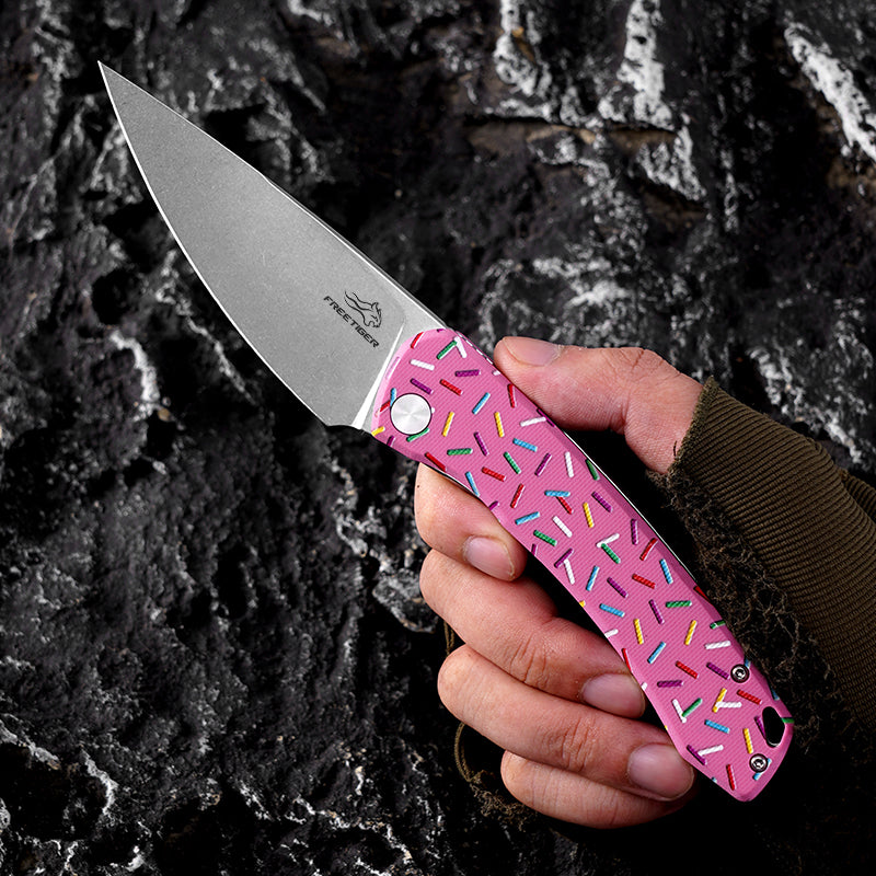 FREETIGER Donut Folding Knife D2 Blade, Unique Design Pocket Knife for Hunting Survival Camping