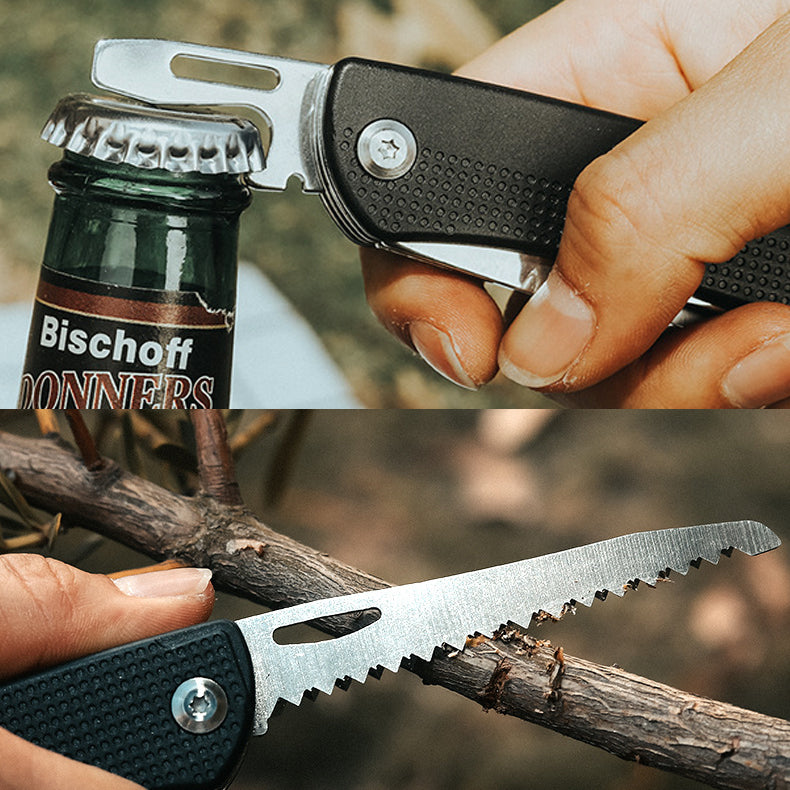 Multi-tool folding pocket knife wtih bottle opener, saw knife, screwdriver