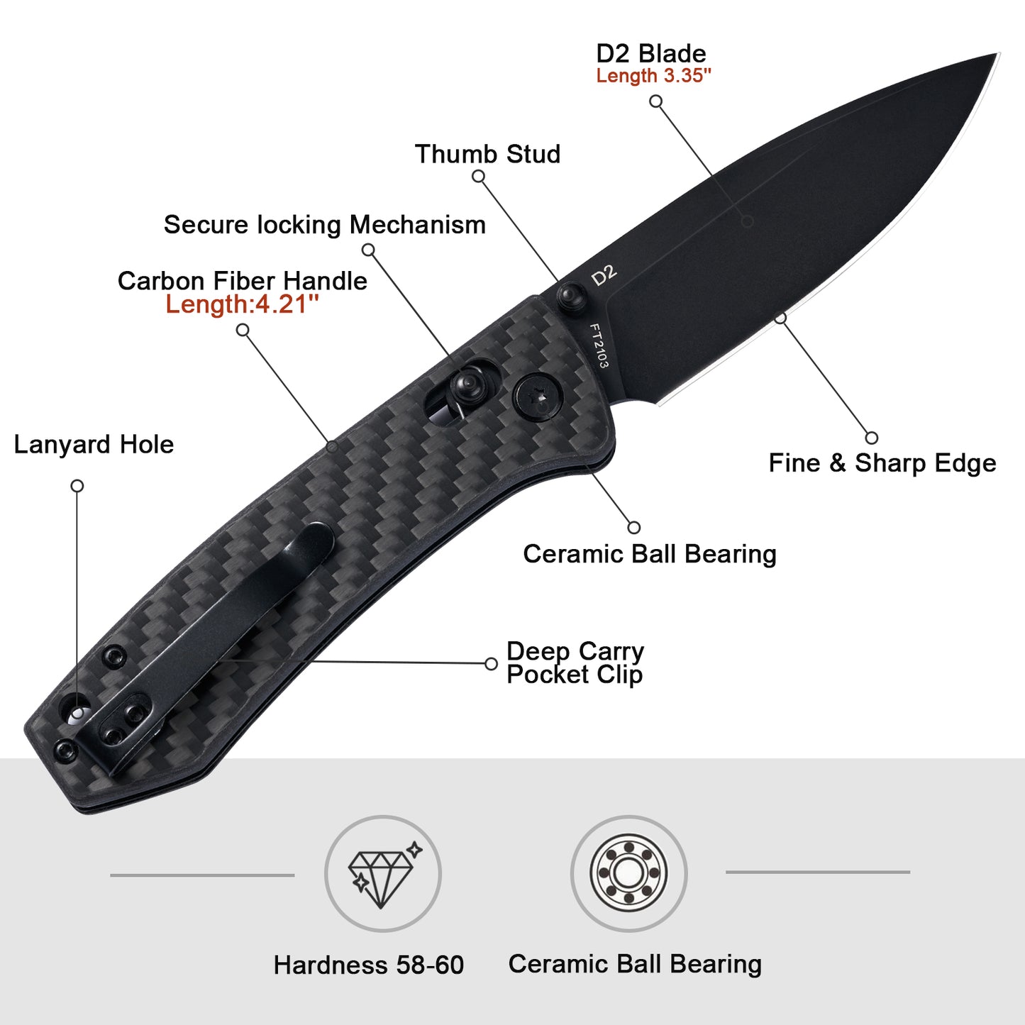 FREETIGER FT2103 Black Coating D2 Blade Carbon Fiber Handle Axis Lock Pocket Knife