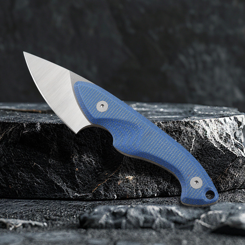 Small Fixed Blade Knife, 14C28N Blade Blue Micarta Handle FTB202