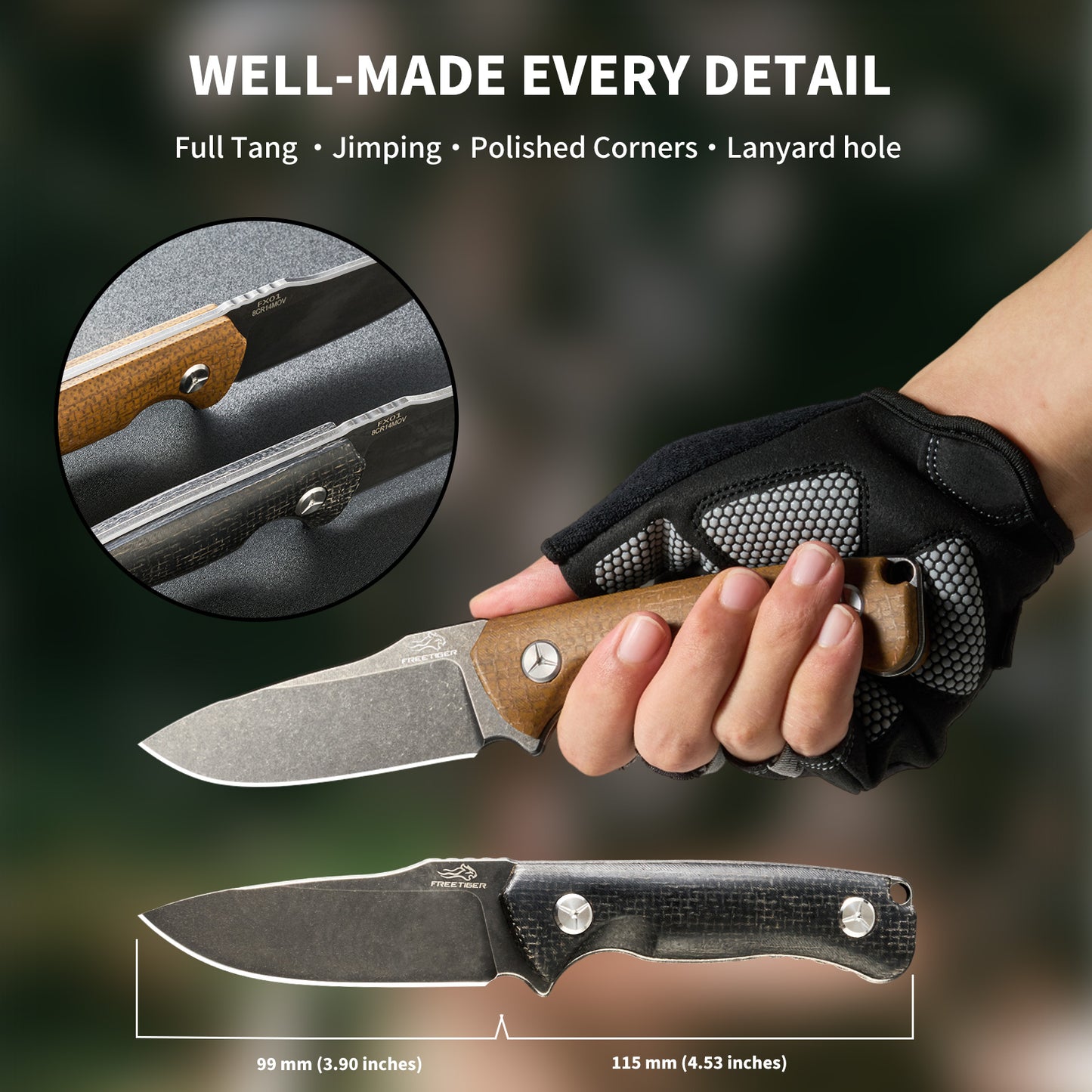 Fixed Blade  Knife with Micarta Handle 8CR14MOV Blade with Kydex Sheath for Hunting Tactical