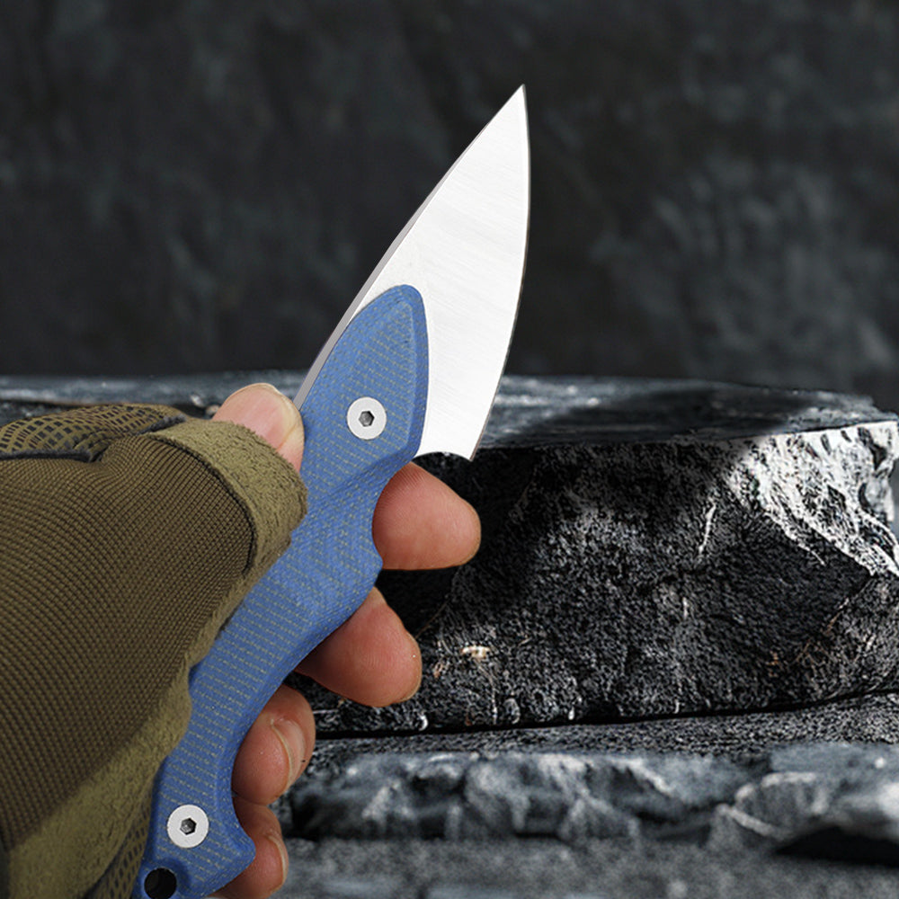 Small Fixed Blade Knife, 14C28N Blade Blue Micarta Handle FTB202