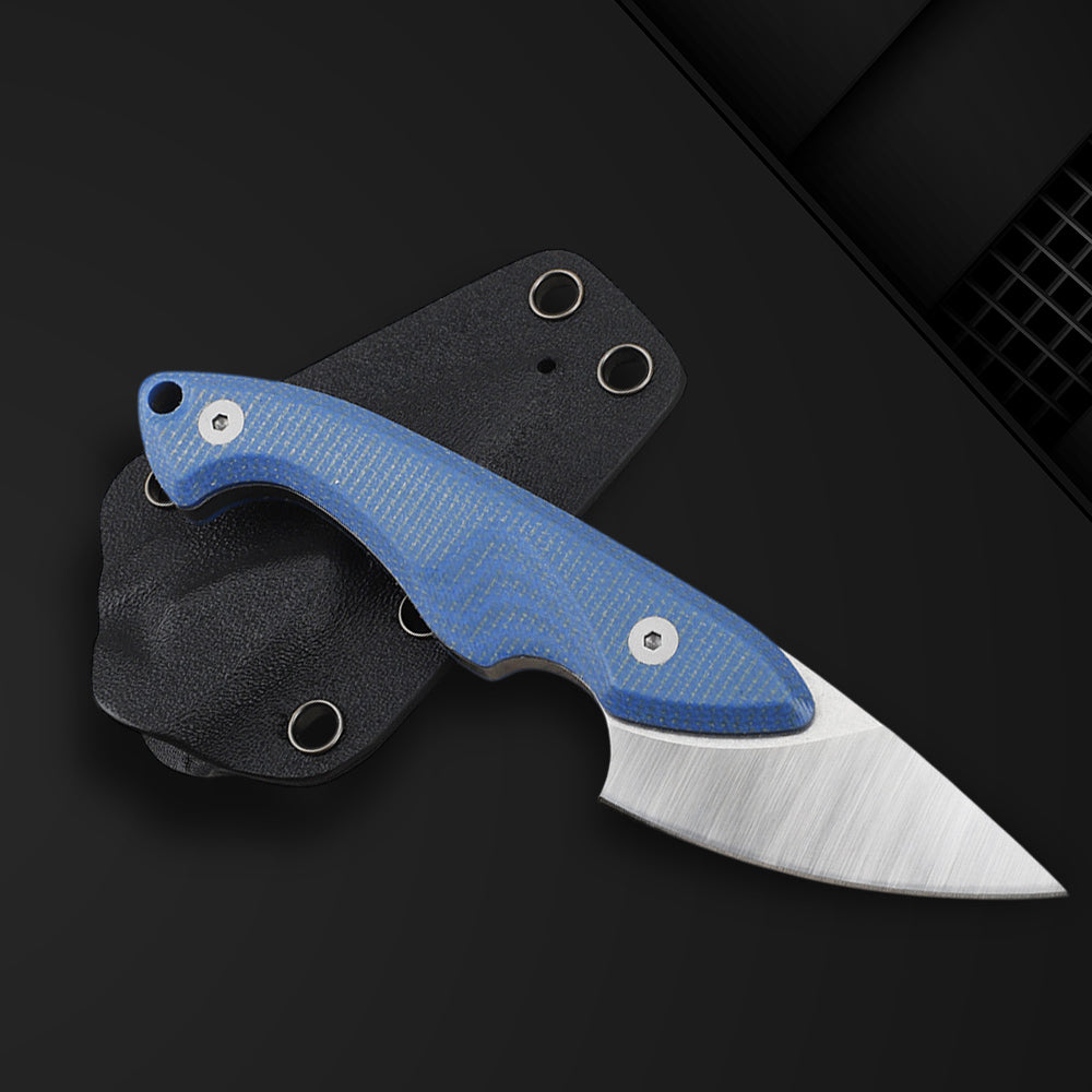 Small Fixed Blade Knife, 14C28N Blade Blue Micarta Handle FTB202